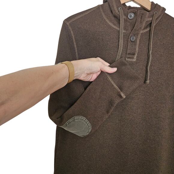 GH Bass & Co Mens Brown Henley Hooded Sweater Elbow Patches Y2K Size S - Picture 4 of 13